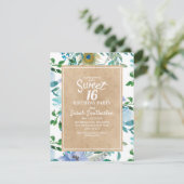 Rustic Brown Kraft Blue White Floral Sweet 16 Kaart (Staand voorkant)