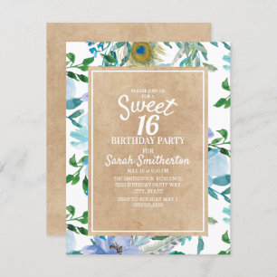 Rustic Brown Kraft Blue White Floral Sweet 16 Kaart