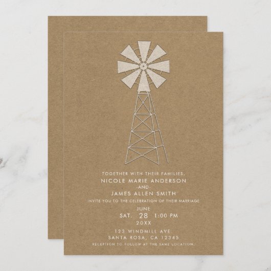 Rustic Brown Kraft Boerderij Windmill Modern Weddi Kaart (Voorkant / Achterkant)