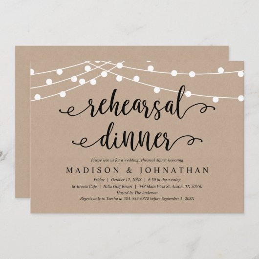 Rustic Brown Kraft, bruiloft repetitie diner Kaart (Voorkant / Achterkant)