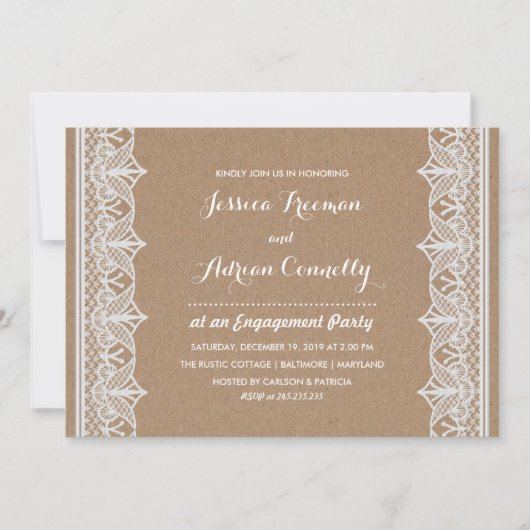 Rustic Brown Kraft Paper Lace Engagement Party Kaart (Voorkant)