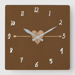 Rustic Brown Kraft Wood Heart & Arrow Vierkante Klok