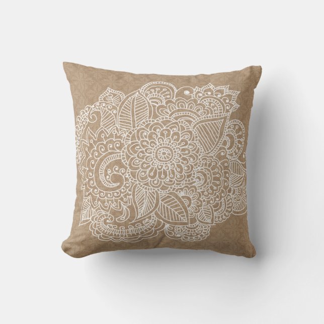 Rustic Brown Lace Pattern Beauful Paisley Doodle Kussen (Voorkant)