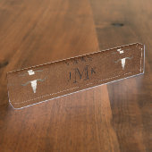 Rustic Brown Leather Afbeelding Antler Monogram Naambordje (Zijkant)