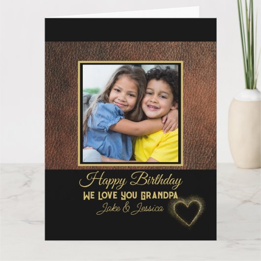 Rustic Brown Leather Happy Birthday Grandpa Photo Kaart (Voorkant)
