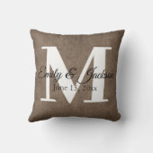 Rustic Brown Linen Monogram Familienaam Wedding Kussen (Achterkant)