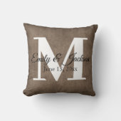 Rustic Brown Linen Monogram Familienaam Wedding Kussen (Voorkant)