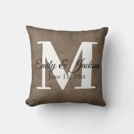 Rustic Brown Linen Monogram Familienaam Wedding Kussen