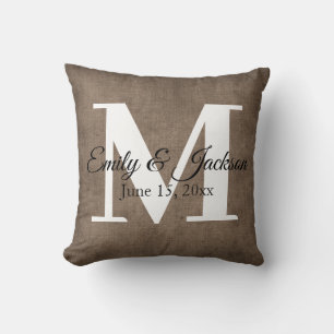 Rustic Brown Linen Monogram Familienaam Wedding Kussen