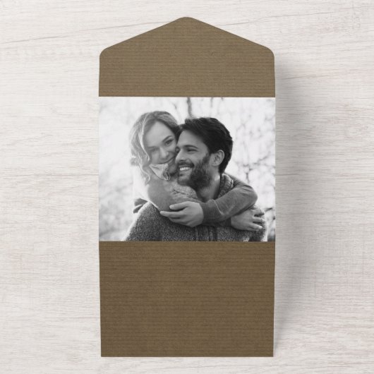 Rustic Brown Modern Minimal Chic Photo Wedding All In One Uitnodiging (Buitenkant)