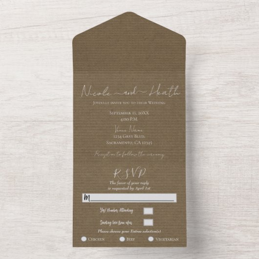 Rustic Brown Modern Minimal Chic Photo Wedding All In One Uitnodiging (Binnen)