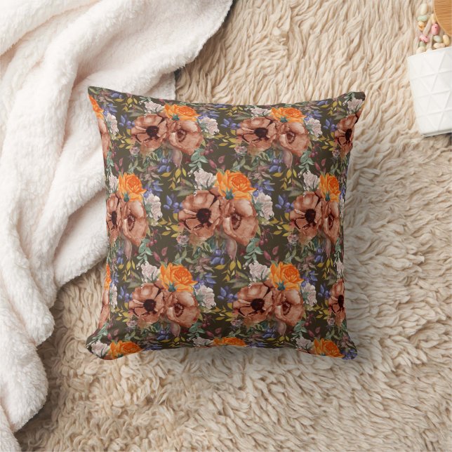 Rustic Brown Oranje Blue Floral Autumn Kussen (Deken)