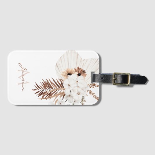 Rustic Brown Pampas Grass White Orchids Monogram Bagagelabel (Voorkant (horizontaal))