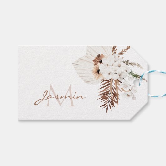 Rustic Brown Pampas Grass White Orchids Monogram Cadeaulabel (Voorkant (Horizontaal))