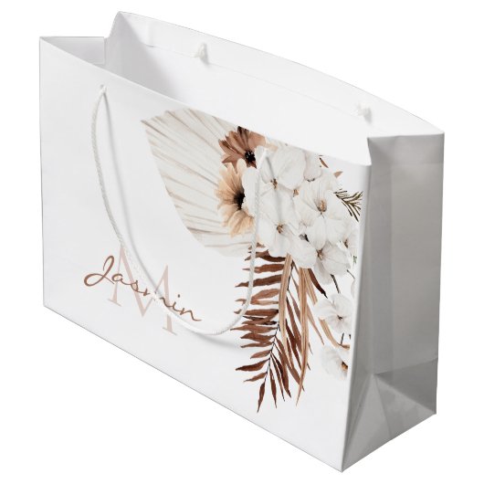 Rustic Brown Pampas Grass White Orchids Monogram Groot Cadeauzakje (Achterkant Gekanteld)