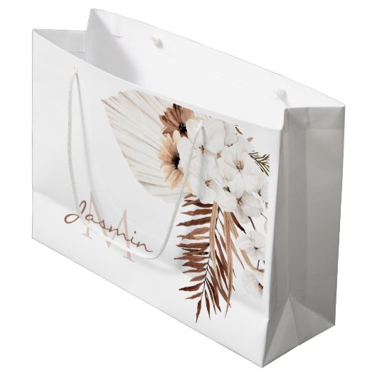 Rustic Brown Pampas Grass White Orchids Monogram Groot Cadeauzakje (Voorkant Gekanteld)