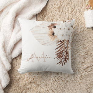 Rustic Brown Pampas Grass White Orchids Monogram Kussen