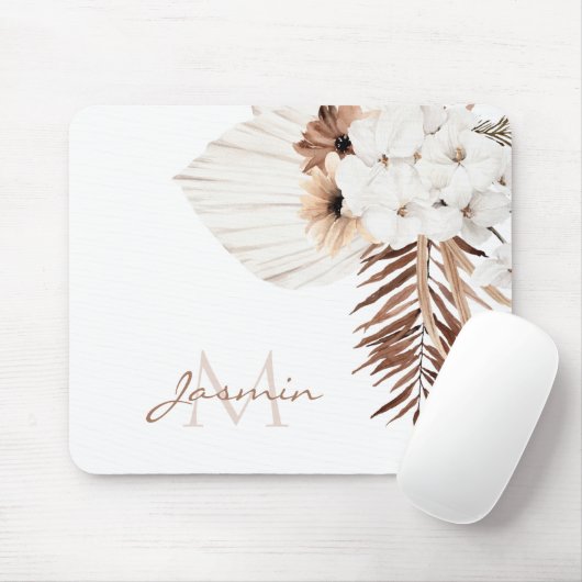 Rustic Brown Pampas Grass White Orchids Monogram Muismat (Met muis)