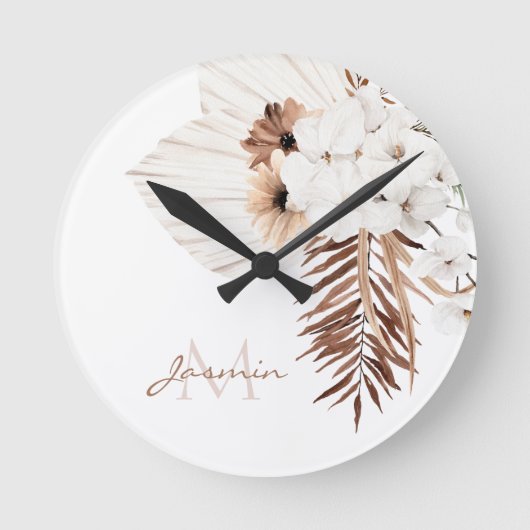 Rustic Brown Pampas Grass White Orchids Monogram Ronde Klok (Voorkant)