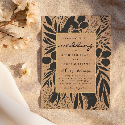 Rustic brown paper black gold floral wedding kaart