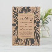 Rustic brown paper black gold floral wedding kaart (Staand voorkant)