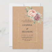 Rustic brown paper coral pink mint floral wedding kaart (Voorkant)