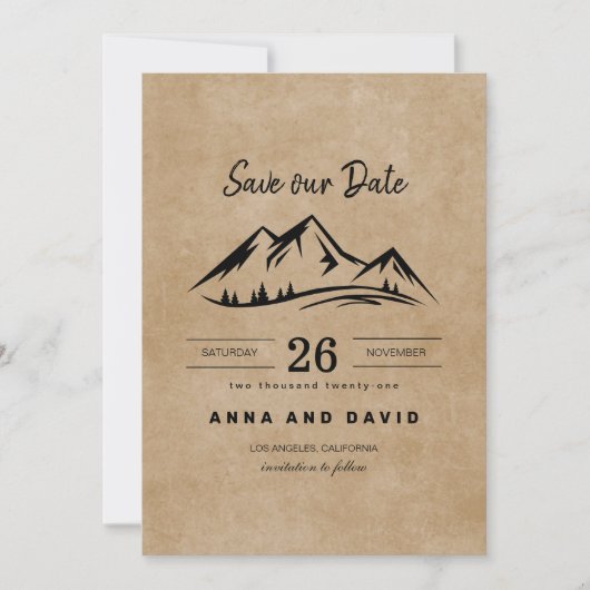 Rustic Brown Paper Mountains redden de datum Kaart (Voorkant)