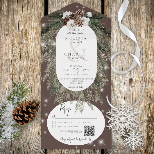 Rustic Brown Pine Winter Sparkle QR All In One Uitnodiging