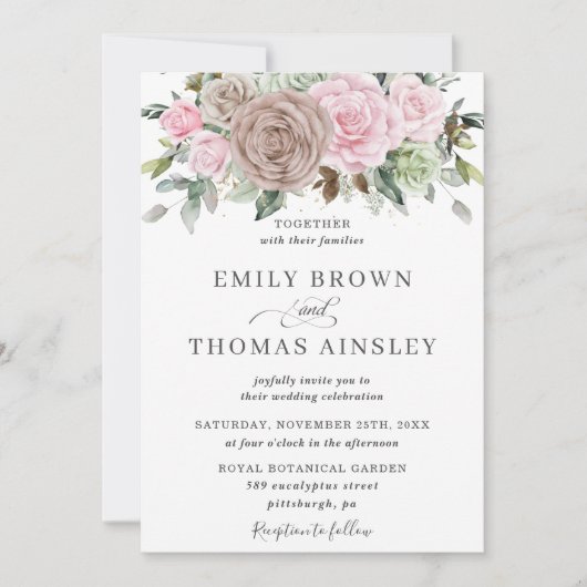 Rustic Brown Pink Sage Floral Greenery Wedding Kaart (Voorkant)