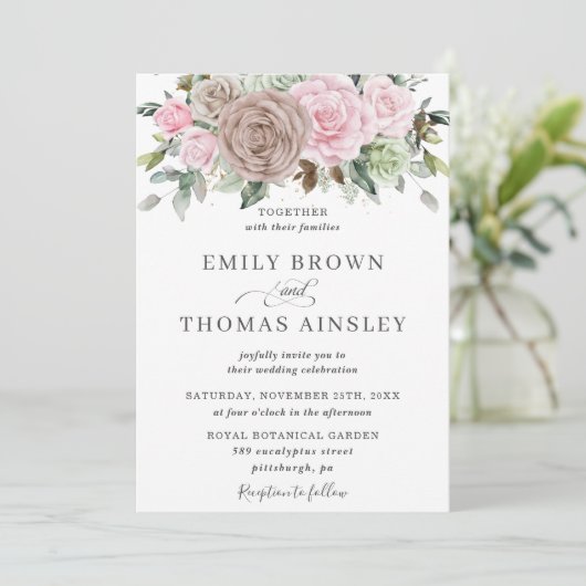 Rustic Brown Pink Sage Floral Greenery Wedding Kaart (Staand voorkant)
