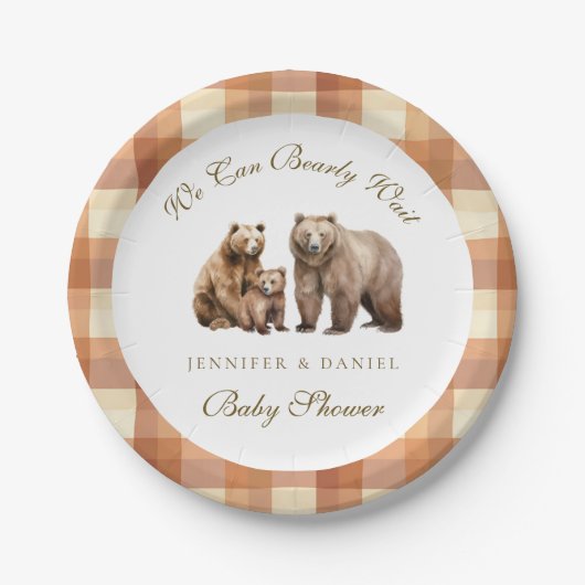 Rustic Brown Plaid Grizzly Bear Family Baby Shower Papieren Bordje (Voorkant)