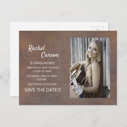 Rustic Brown Save the Date Photo Afstuderen Aankondigingskaart (Voorkant / Achterkant)