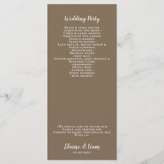 Rustic Brown Simple Calligraphy Modern Wedding Programmakaart (Achterkant)