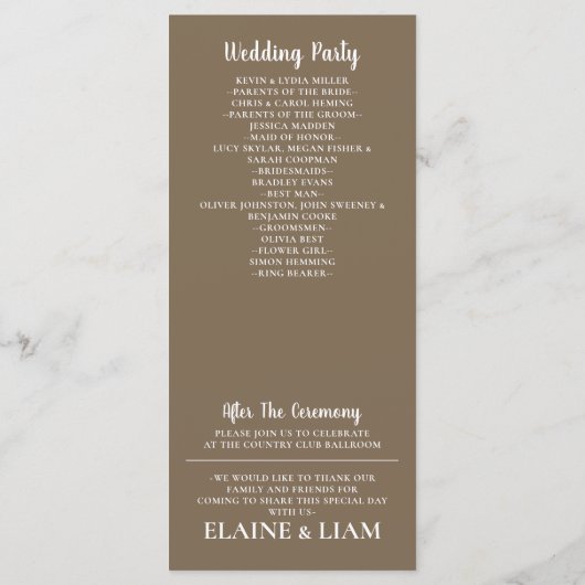 Rustic Brown Simple Calligraphy Modern Wedding Programmakaart (Achterkant)