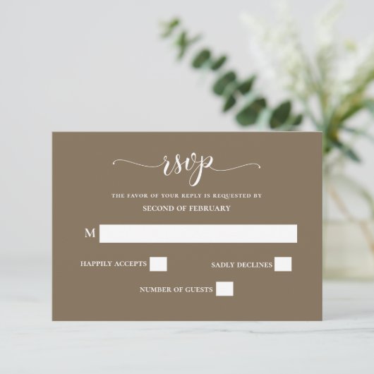 Rustic Brown Simple Calligraphy Modern Wedding RSVP Kaartje (Staand voorkant)