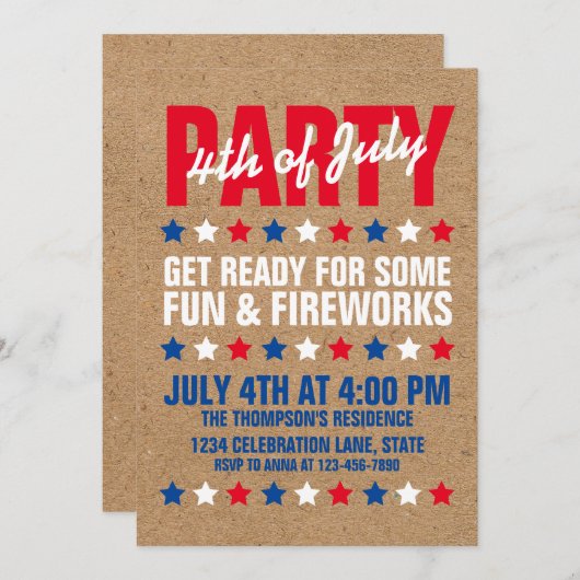 Rustic Brown Stamped Star 4 juli Partij Kaart (Voorkant / Achterkant)