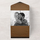 Rustic Brown Stitched Leather Photo Wedding All In One Uitnodiging (Buitenkant)