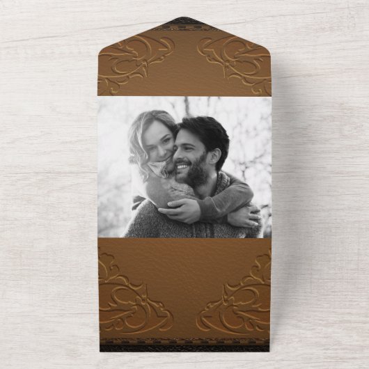 Rustic Brown Stitched Leather Photo Wedding All In One Uitnodiging (Buitenkant)