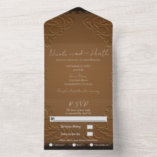 Rustic Brown Stitched Leather Photo Wedding All In One Uitnodiging (Binnen)