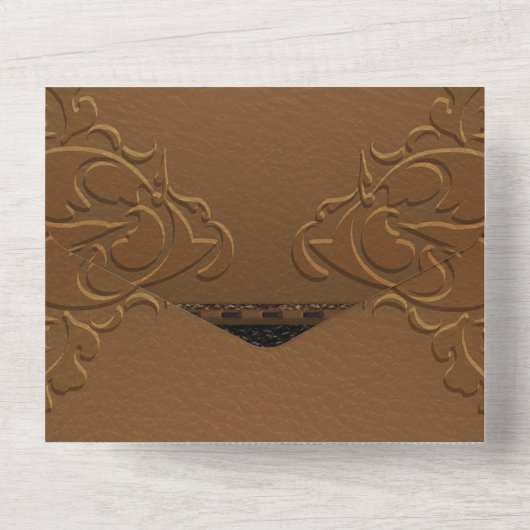 Rustic Brown Stitched Leather Photo Wedding All In One Uitnodiging (Achterkant)