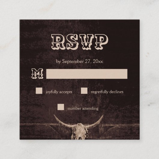 Rustic Brown Western Bull Skull Wedding RSVP Informatiekaartje (Voorkant)