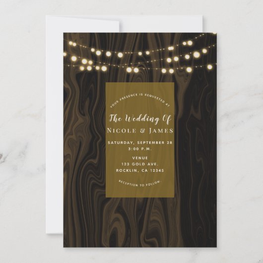 Rustic Brown Whimsical Wood String Lights Wedding Kaart (Voorkant)