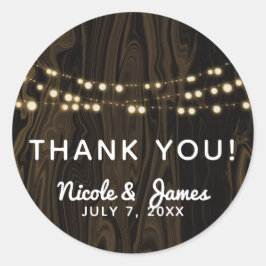 Rustic Brown Whimsical Wood String Lights Wedding Ronde Sticker