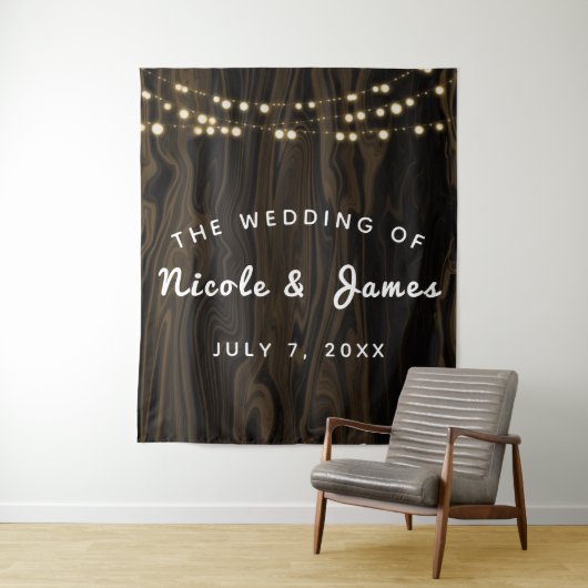 Rustic Brown Whimsical Wood String Lights Wedding Wandkleed (In situ)