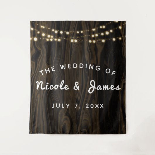 Rustic Brown Whimsical Wood String Lights Wedding Wandkleed (Voorkant)