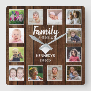 Rustic Brown Wood 12 Foto van Collage Family Quote Vierkante Klok