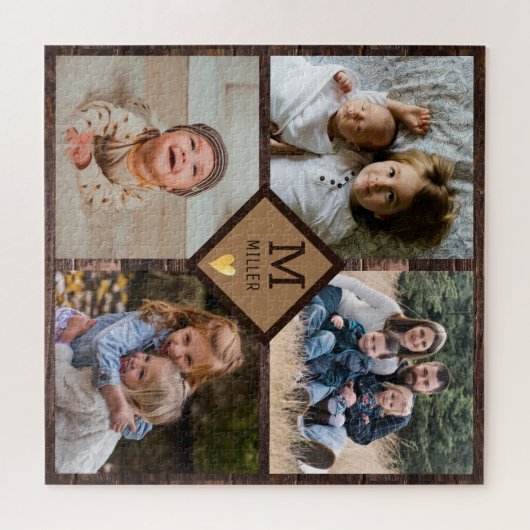 Rustic Brown Wood 4 Familie Foto Collage Monogram Legpuzzel (Horizontaal)