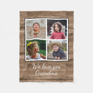 Rustic Brown Wood 4 Foto Collage Grandma Fleece Deken