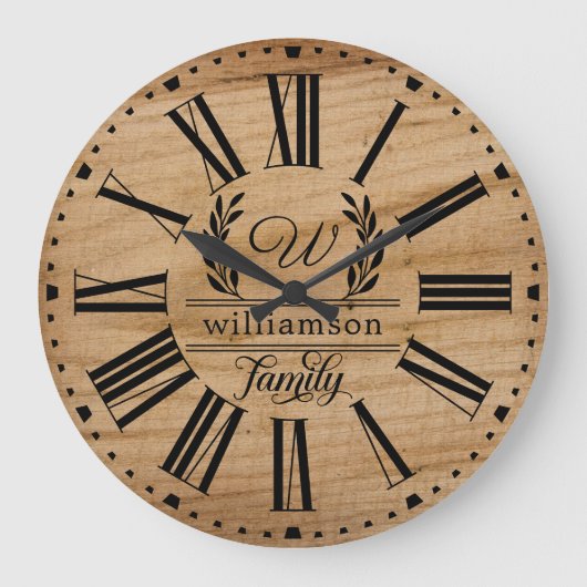Rustic Brown Wood Custom Family Name Farmhouse Grote Klok (Voorkant)