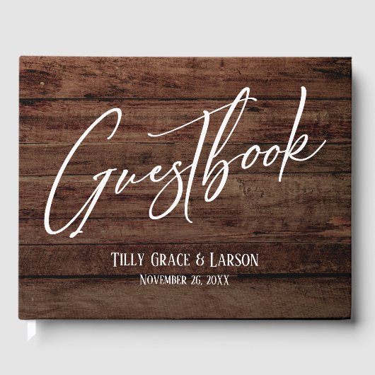 Rustic Brown Wood en Handwriting Guestbook Gastenboek (Voorkant)